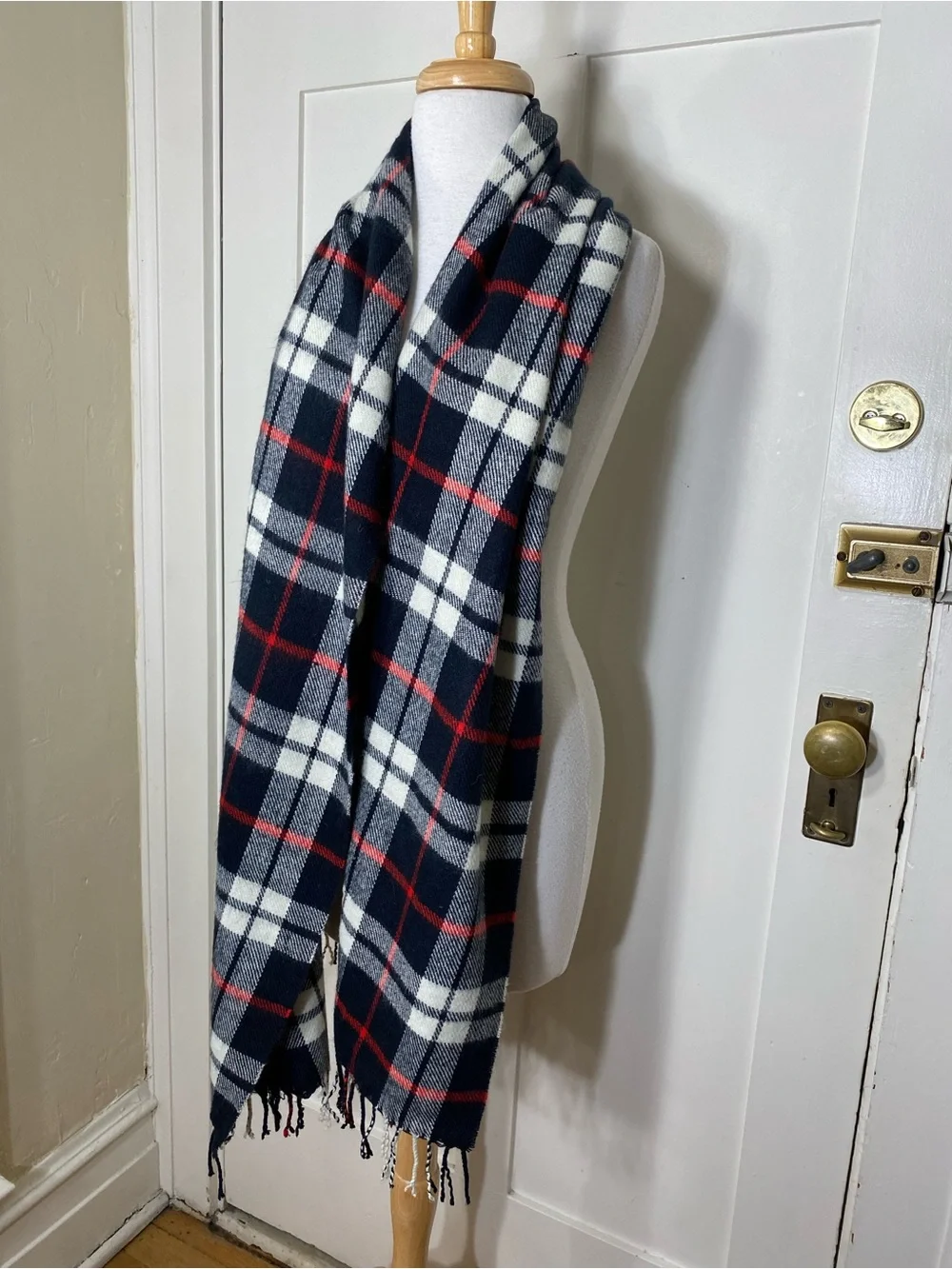 J. Crew Classic Navy & White & Red Plaid Knit Fall Winter Scarf with Fringe